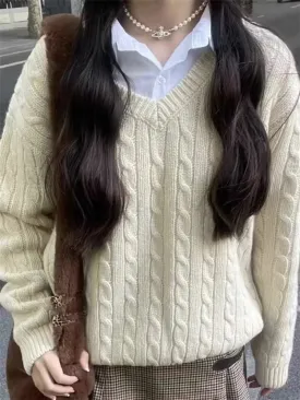 Aiertu Causal Women Solid Color V-Neck Knit Sweaters Autumn Chic Elegant Long Sleeves  Sweaters Vintage Female Loose Knitwear