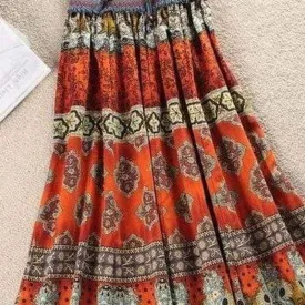 Boho Floral A Line Midi Skirt, Orange