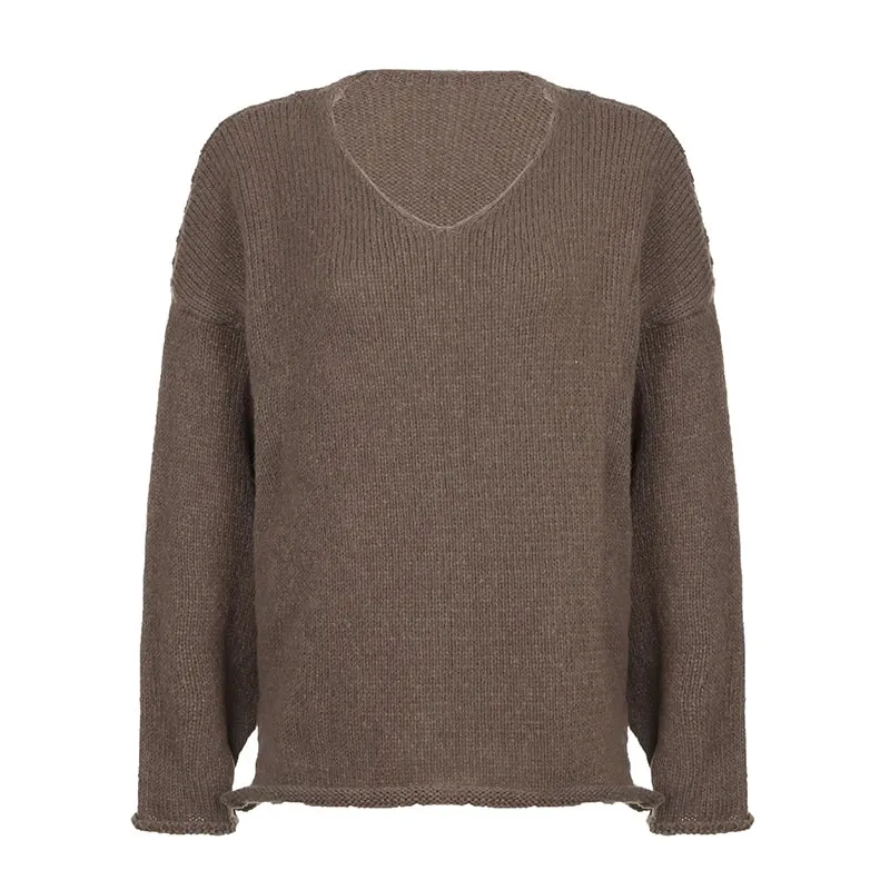 Casual Brown Loose Autumn Sweater Female Solid Korean Style Ruched Pullover Knitted All-Match Jumper Preppy Style Top