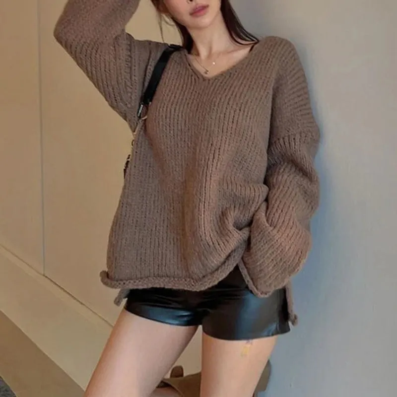 Casual Brown Loose Autumn Sweater Female Solid Korean Style Ruched Pullover Knitted All-Match Jumper Preppy Style Top