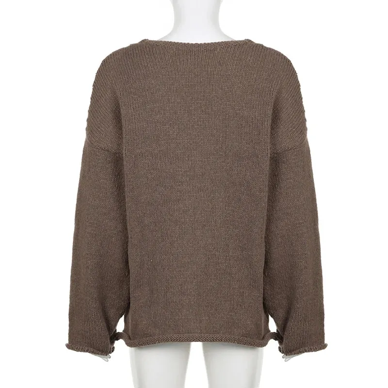 Casual Brown Loose Autumn Sweater Female Solid Korean Style Ruched Pullover Knitted All-Match Jumper Preppy Style Top