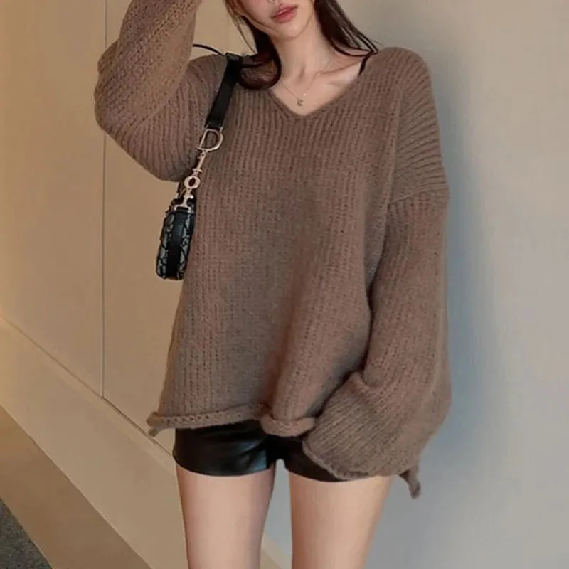 Casual Brown Loose Autumn Sweater Female Solid Korean Style Ruched Pullover Knitted All-Match Jumper Preppy Style Top