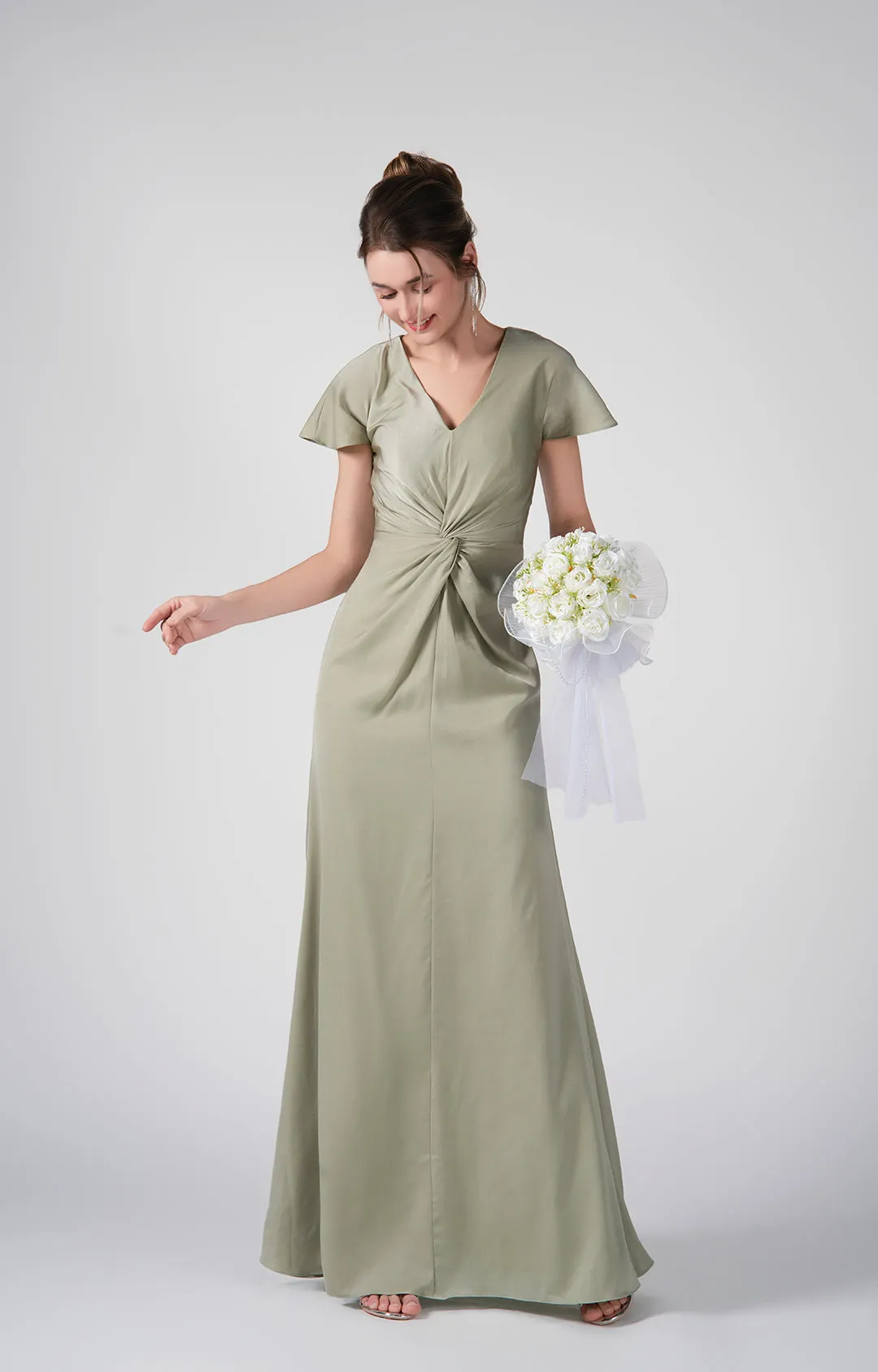 Flutter Sleeves Twisted Bodice Back Keyhole Dresses