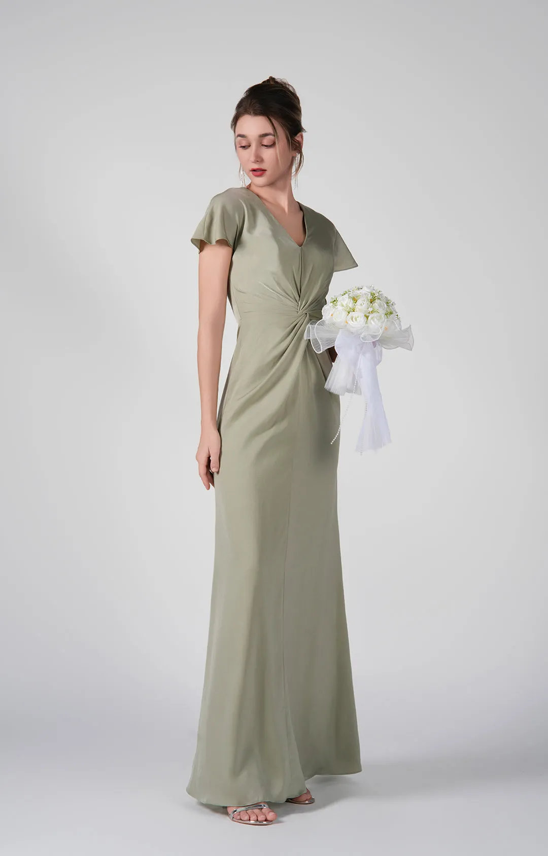 Flutter Sleeves Twisted Bodice Back Keyhole Dresses