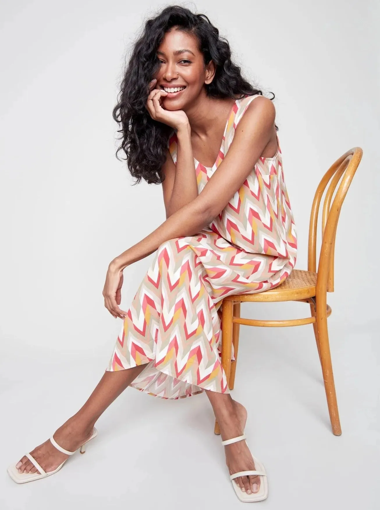 Sleeveless V-Neck Long Chevron Print Dress [Grapefruit-C3144]