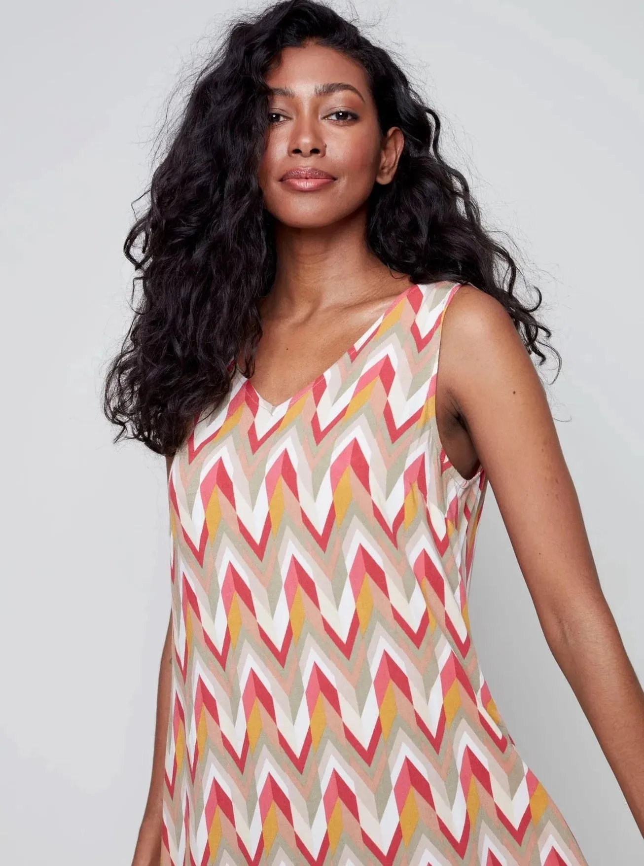 Sleeveless V-Neck Long Chevron Print Dress [Grapefruit-C3144]