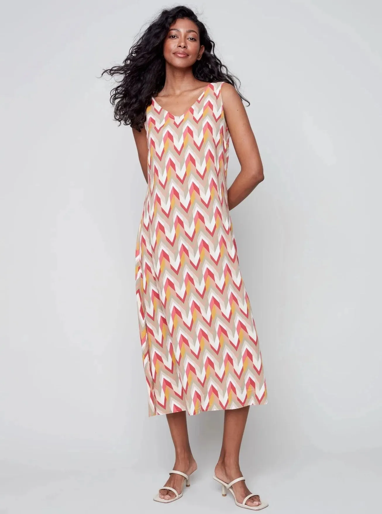 Sleeveless V-Neck Long Chevron Print Dress [Grapefruit-C3144]