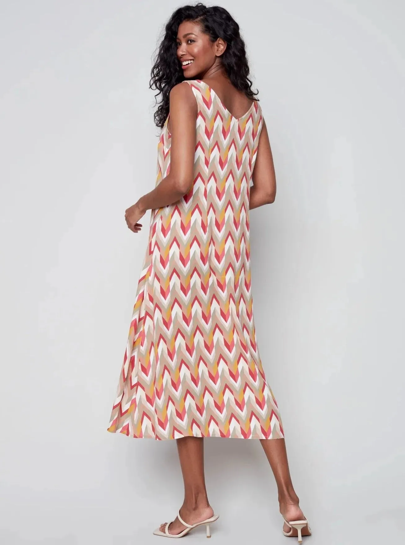 Sleeveless V-Neck Long Chevron Print Dress [Grapefruit-C3144]
