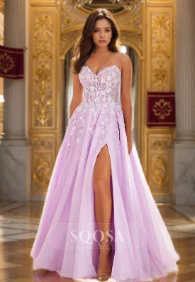 Sweetheart Off-Shoulder Floor-Lenght A-Line Prom Dress Spaghetti Straps Sleeveless Applique Formal Dress
